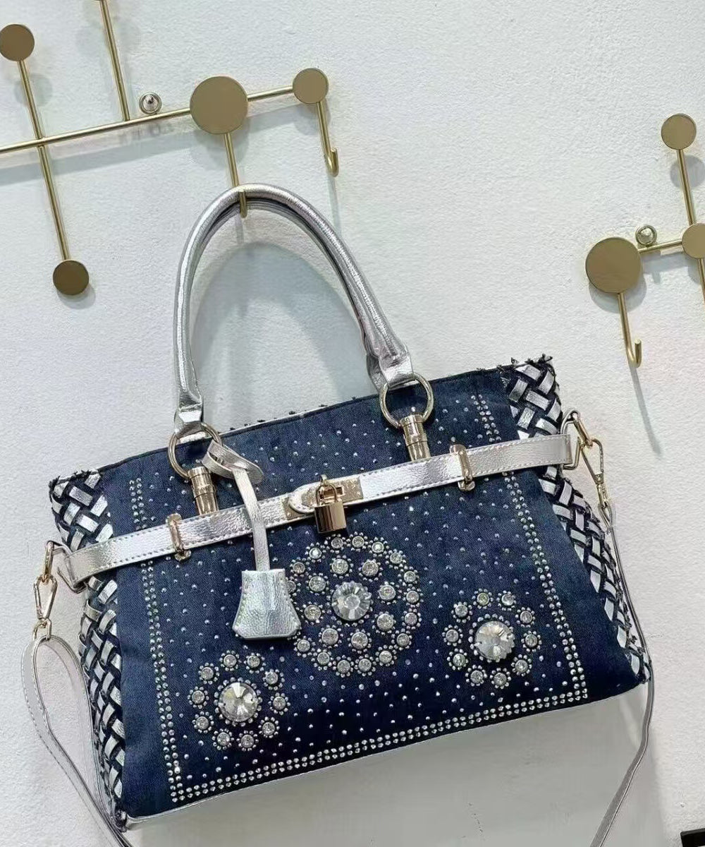Sac fourre-tout chic en denim bleu marine avec strass, grande capacité - Amawinc