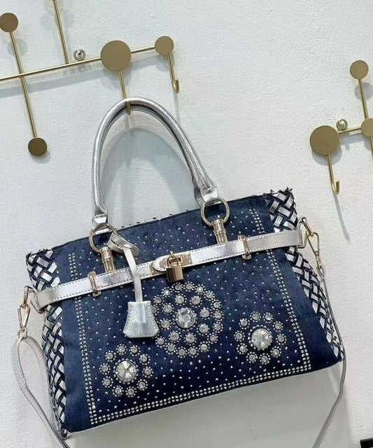 Sac fourre-tout chic en denim bleu marine avec strass, grande capacité - Amawinc