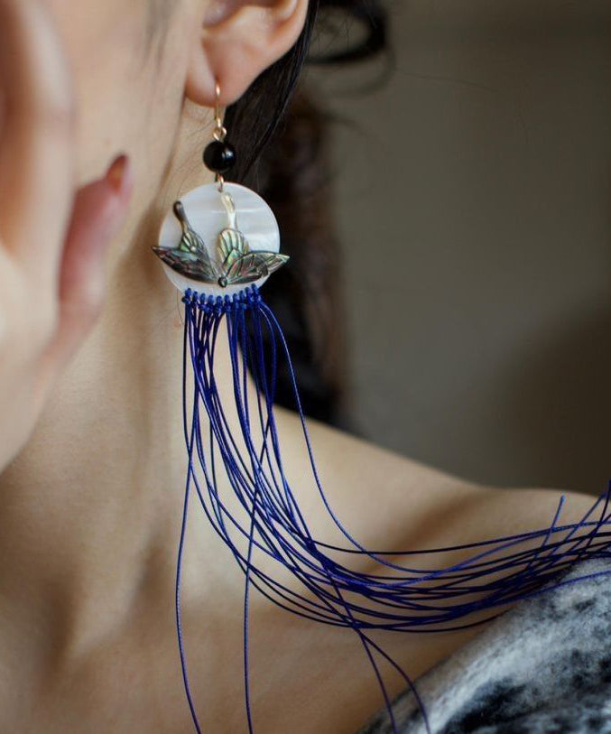 Boucles d'oreilles pendantes chics en alliage violet avec coquillage en agate et pampilles papillon - Amawinc
