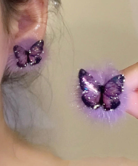 Boucles d'oreilles à tige en argent sterling violet chic et dorées, en fourrure duveteuse et papillon - Amawinc