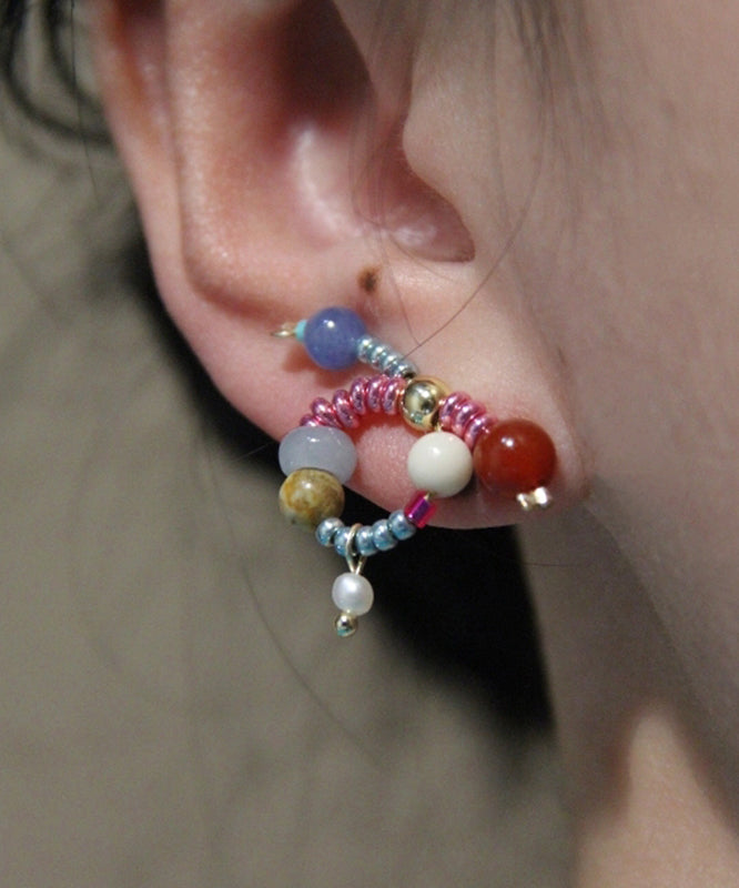 Boucles d'oreilles à tige chics en argent sterling avec nœud en jade et agate surdoré - Amawinc
