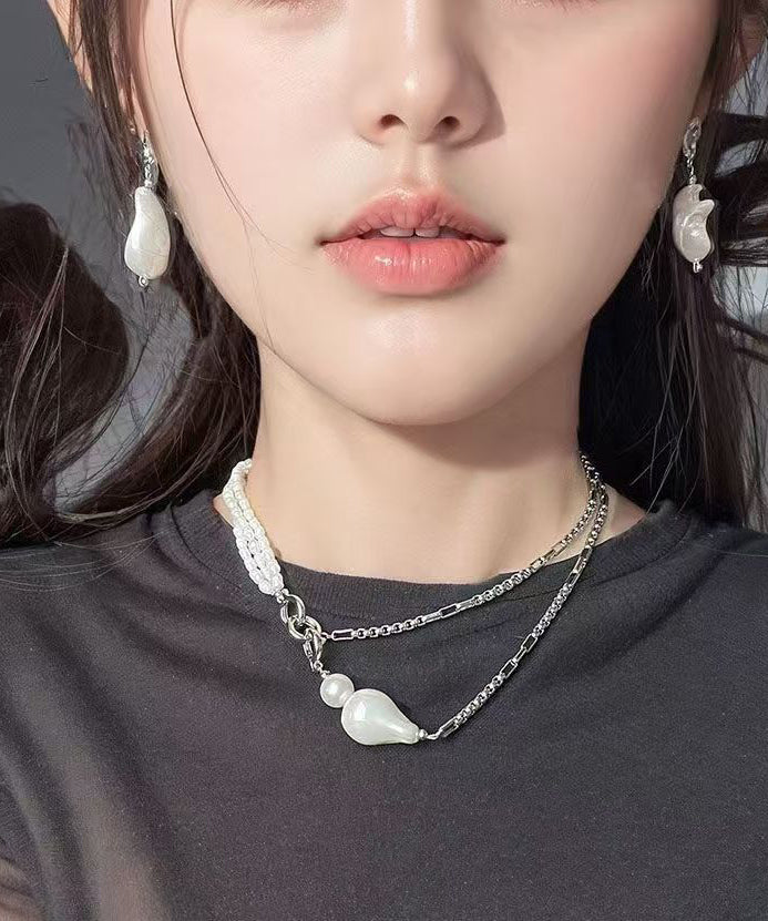 Collier chic en acier inoxydable blanc avec chaîne de perles graduées - Amawinc