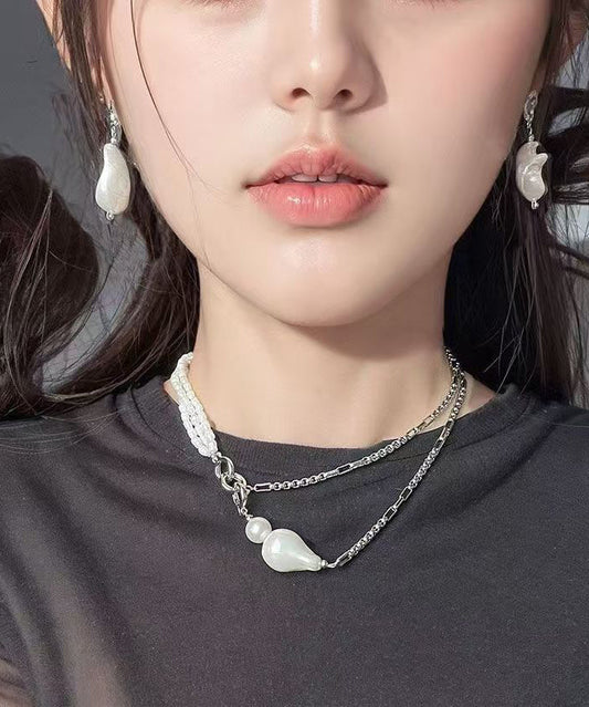 Collier chic en acier inoxydable blanc avec chaîne de perles graduées - Amawinc