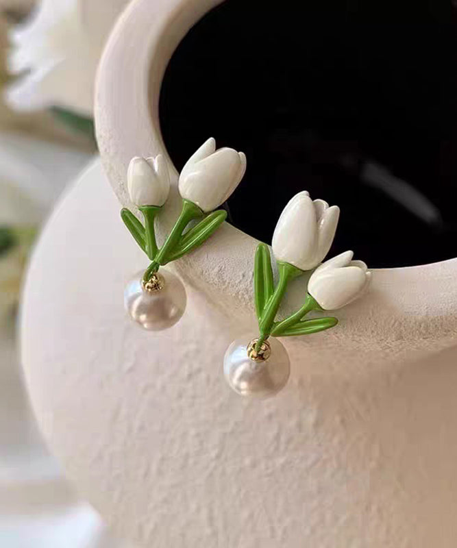 Boucles d'oreilles à tige chics en alliage d'argent sterling et de perles blanches en forme de tulipe - Amawinc