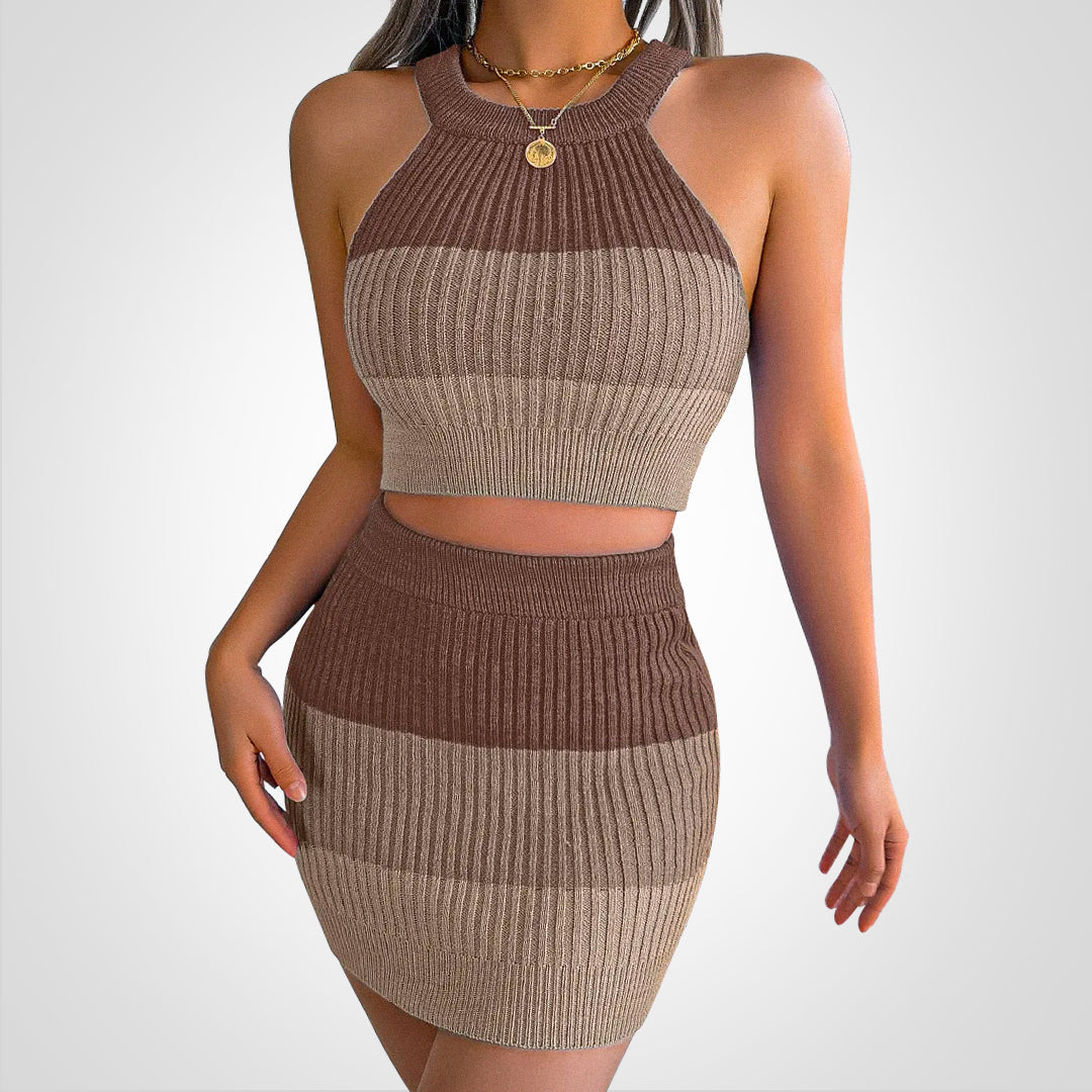 Amawinc Ensemble Maille Femme Halterneck Crop Top Et Jupe Mini Taille Haute À Côtes Forme Ajustée