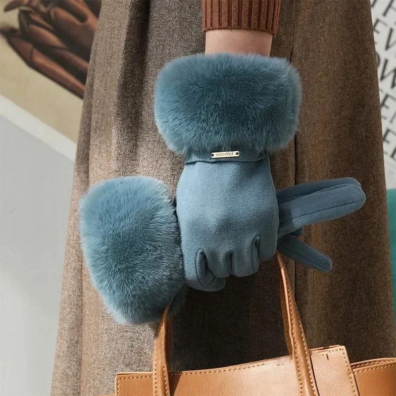 Gants D’Hiver en Suède Avec Manchette en Fausse Fourrure Pour Femme, Élégants et Confortables