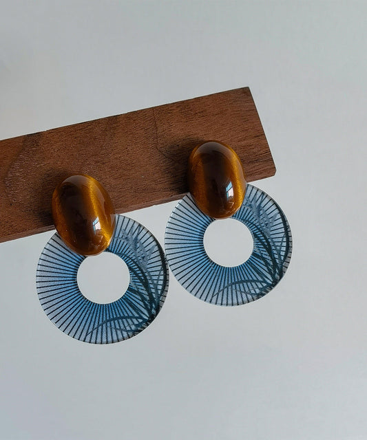 Boucles d'oreilles créoles en alliage acrylique bleu et ambre de style chinois - Amawinc