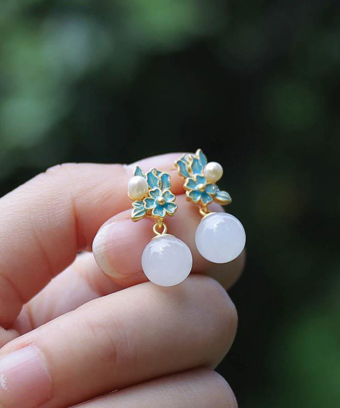 Boucles d'oreilles pendantes en forme de fleur de jade bleu antique de style chinois - Amawinc