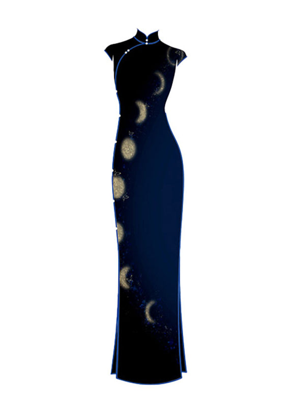 Robe longue bleue à col montant et manches courtes, style chinois - Amawinc