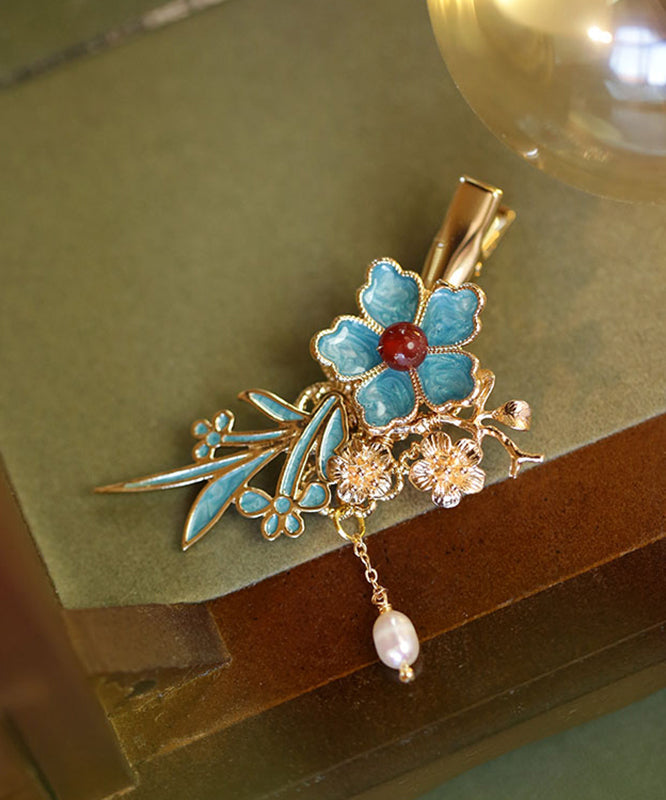 Épingle à cheveux à pompon floral en argent sterling bleu surdoré de style chinois - Amawinc
