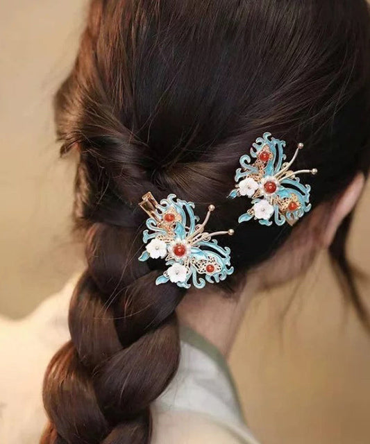 Épingle à cheveux en argent sterling colorblock de style chinois avec clochette, orchidée, papillon et perles - Amawinc