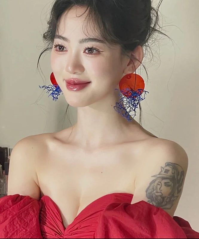 Boucles d'oreilles pendantes ajourées en tulle colorblock de style chinois - Amawinc
