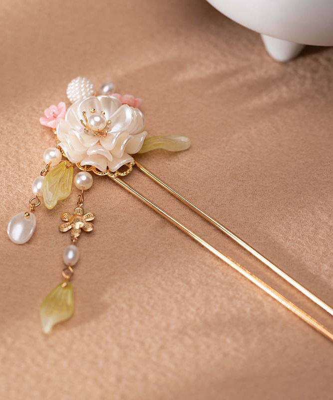 Épingle à cheveux à pompon en alliage d'or de style chinois avec glaçure colorée en perles - Amawinc