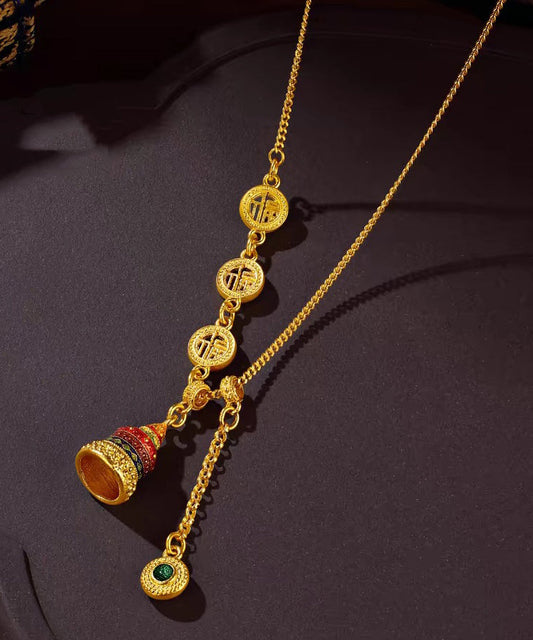 Collier lariat en or antique de style chinois avec cristal émaillé - Amawinc