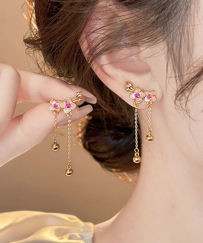 Boucles d'oreilles pendantes à pampilles en alliage de cuivre doré de style chinois en forme de fleur de pêcher - Amawinc