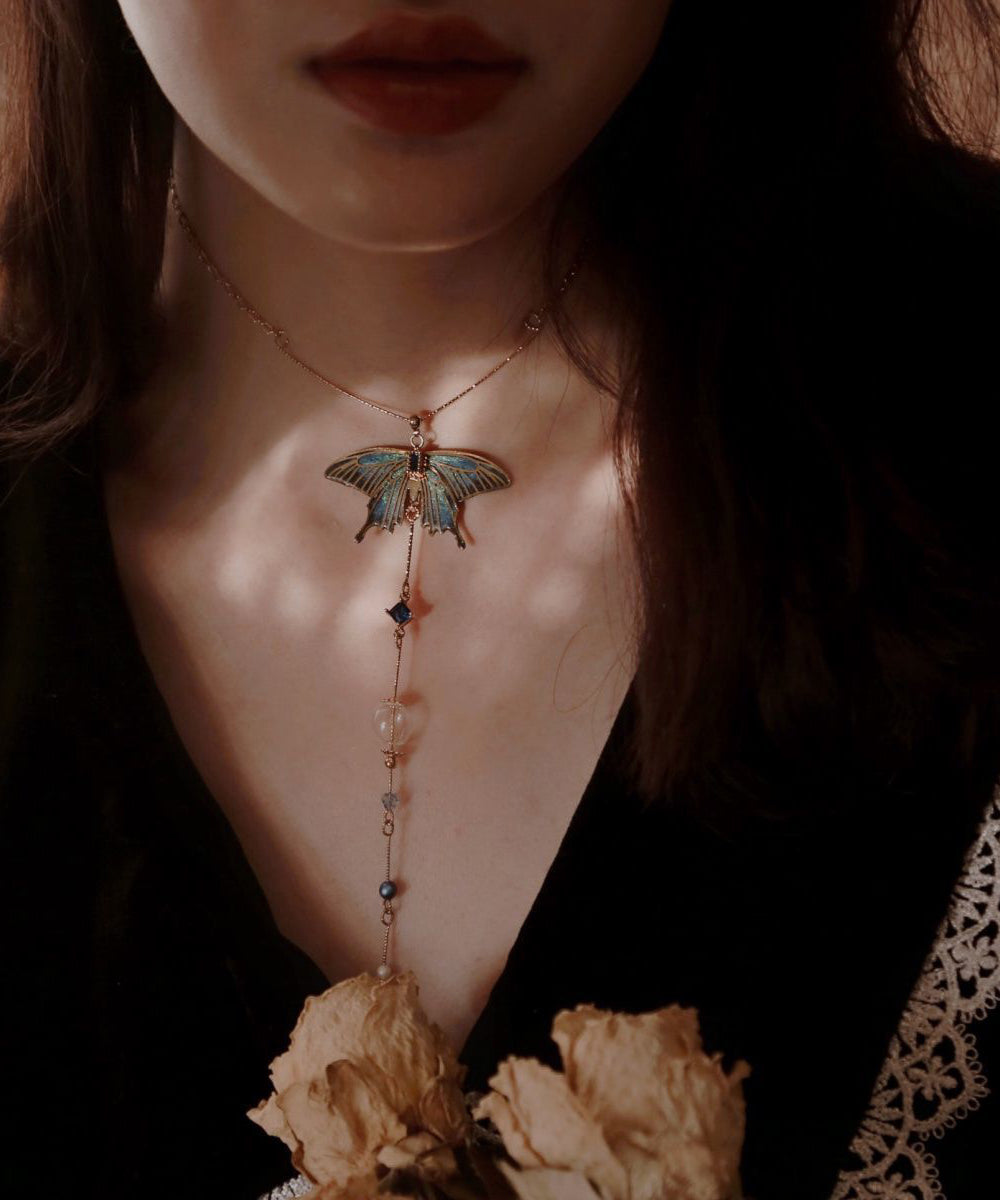 Collier avec pendentif en forme d'aile en perles de verre et zircon doré de style chinois - Amawinc