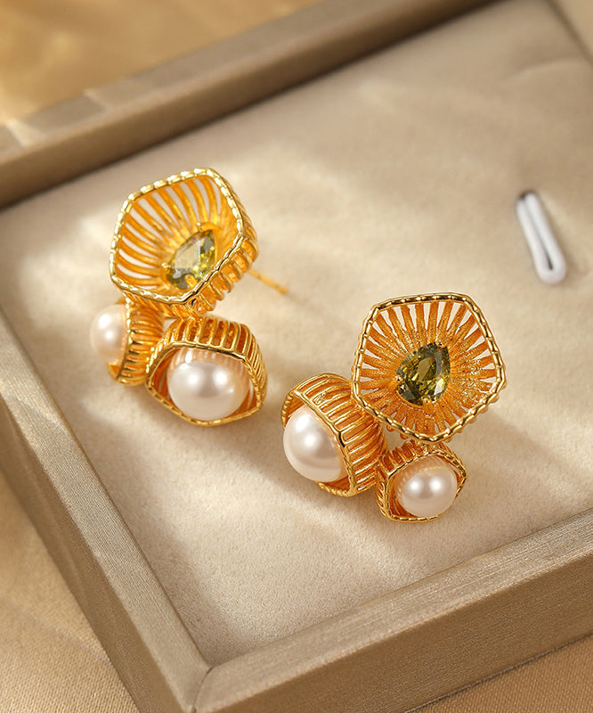 Boucles d'oreilles à tige creuses en métal doré et perles de zircon de style chinois - Amawinc
