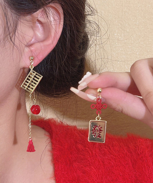 Boucles d'oreilles pendantes asymétriques en alliage d'or et d'argent sterling de style chinois, motif boulier chinois, nœud chinois et pompon - Amawinc