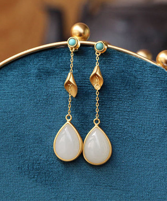 Boucles d'oreilles pendantes en argent sterling doré de style chinois avec pendentif en forme de goutte d'eau en jade turquoise - Amawinc