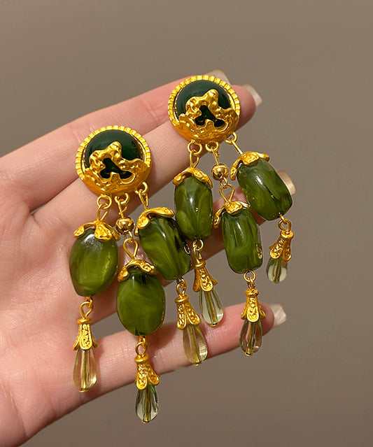 Boucles d'oreilles pendantes à pampilles en alliage de jade vert de style chinois - Amawinc