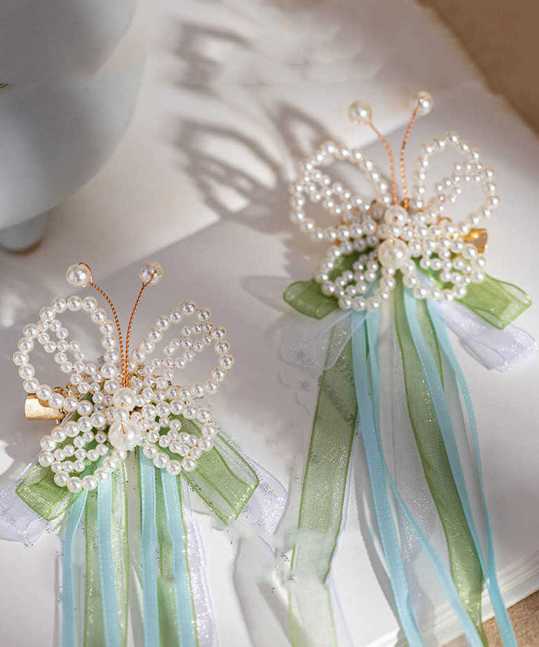 Épingle à cheveux papillon à pompon et ruban en alliage vert perle style chinois - Amawinc