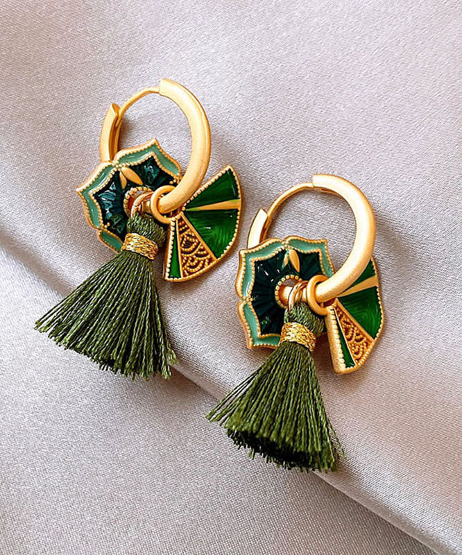 Boucles d'oreilles créoles à pampilles en alliage de cuivre vert de style chinois - Amawinc