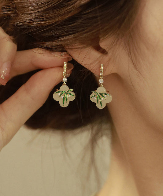 Boucles d'oreilles pendantes en forme de feuille de bambou, en alliage de cuivre vert et résine de zircon, de style chinois - Amawinc