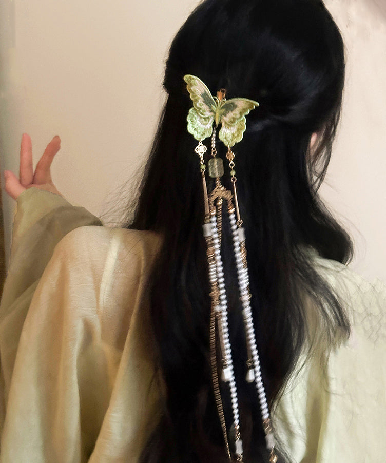Épingle à cheveux à pompon en perles et broderie papillon en cuivre vert de style chinois - Amawinc