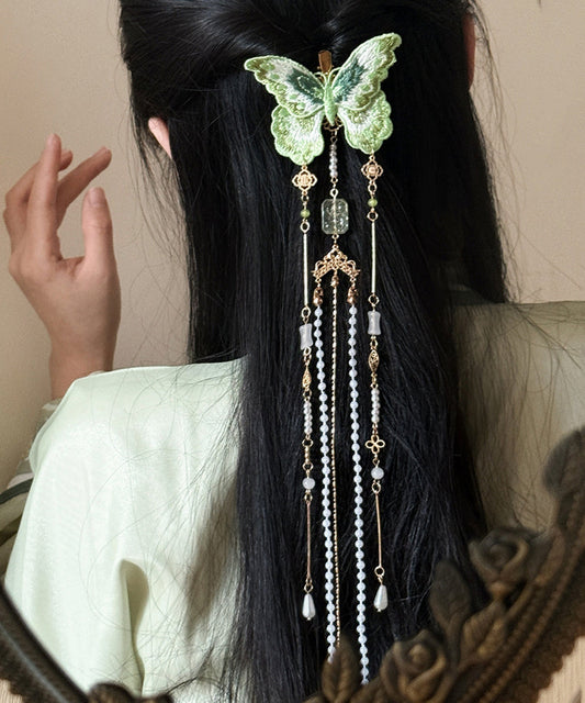 Épingle à cheveux papillon brodée de perles de cuivre vert style chinois - Amawinc