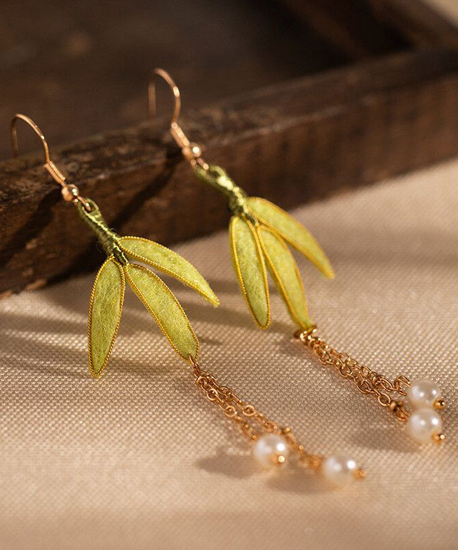 Boucles d'oreilles pendantes en velours et perles vertes surdorées en argent sterling de style chinois - Amawinc