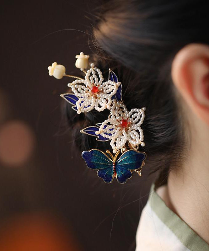 Épingle à cheveux papillon en argent sterling multicolore de style chinois avec perles surdorées - Amawinc