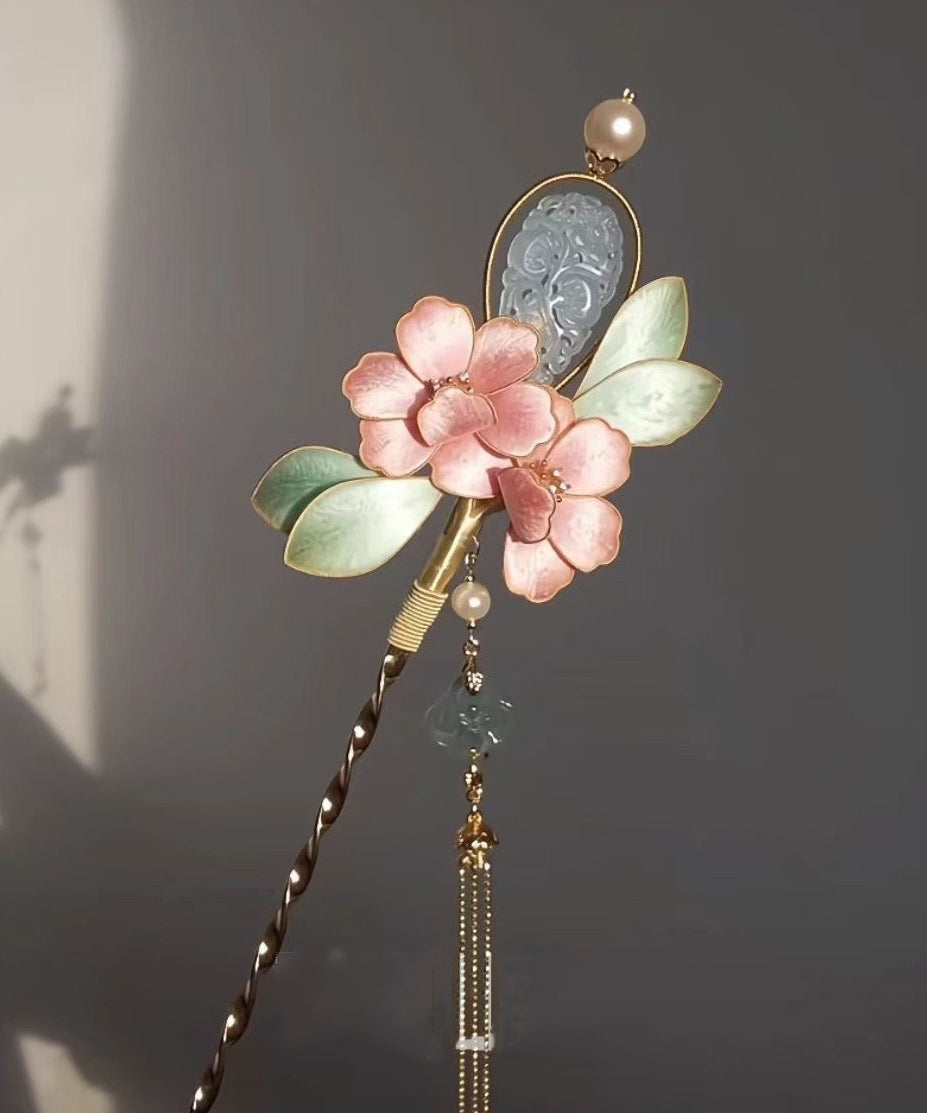 Épingle à cheveux à pompon en jade et fleur de pivoine rose antique de style chinois - Amawinc