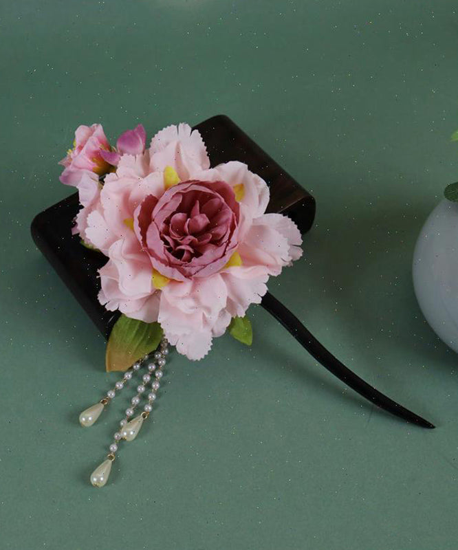 Épingle à cheveux à pompon en bois rose de style chinois avec perles et pivoine - Amawinc