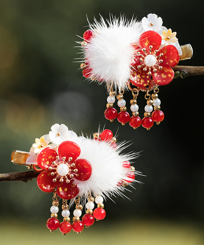 Épingle à cheveux pour enfants, style chinois, en alliage rouge, perle, fleur de prunier, vison, velours, pompon - Amawinc