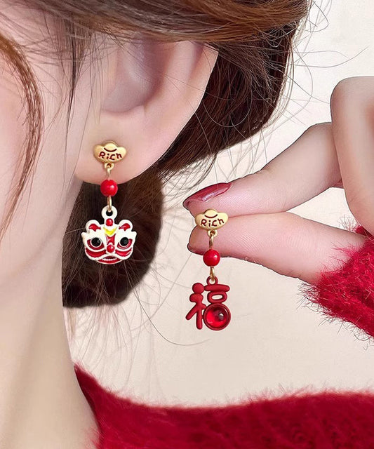 Boucles d'oreilles pendantes asymétriques en alliage d'argent sterling rouge de style chinois, motif lion - Amawinc