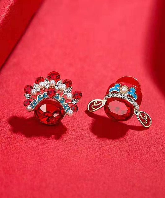 Boucles d'oreilles à tige asymétriques en argent sterling rouge et zircon surdoré de style chinois - Amawinc