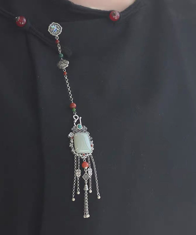 Broches à pampilles en argent sterling et soie de style chinois avec chaîne en jade - Amawinc