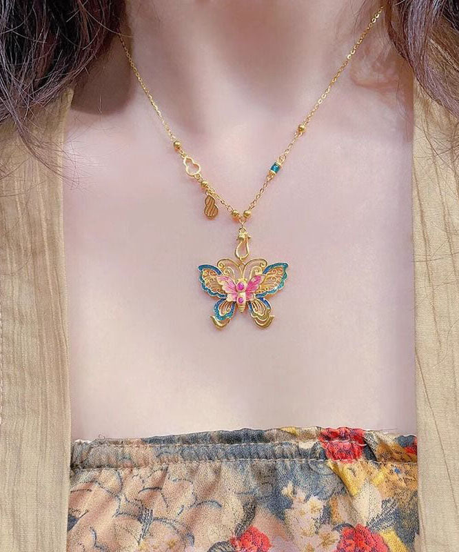 Collier pendentif papillon en argent sterling émaillé surdoré de style chinois - Amawinc