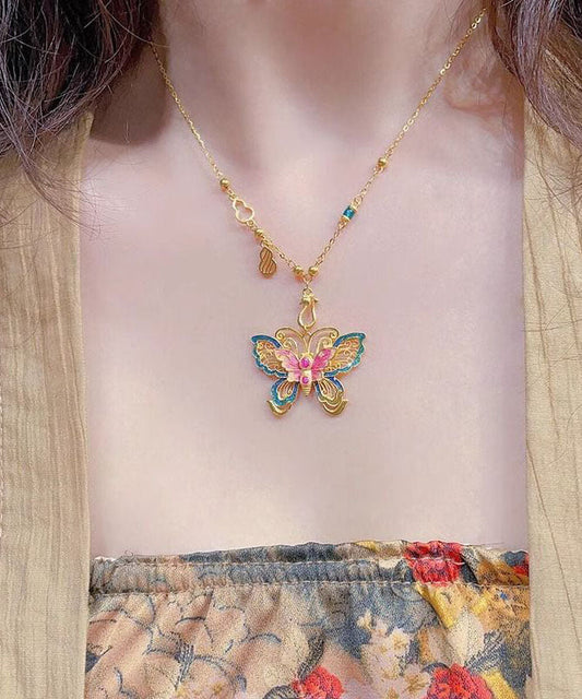 Collier pendentif papillon en argent sterling émaillé surdoré de style chinois - Amawinc