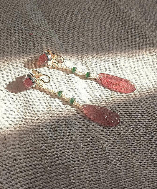 Boucles d'oreilles pendantes en résine et cristal rouge pastèque de style chinois - Amawinc