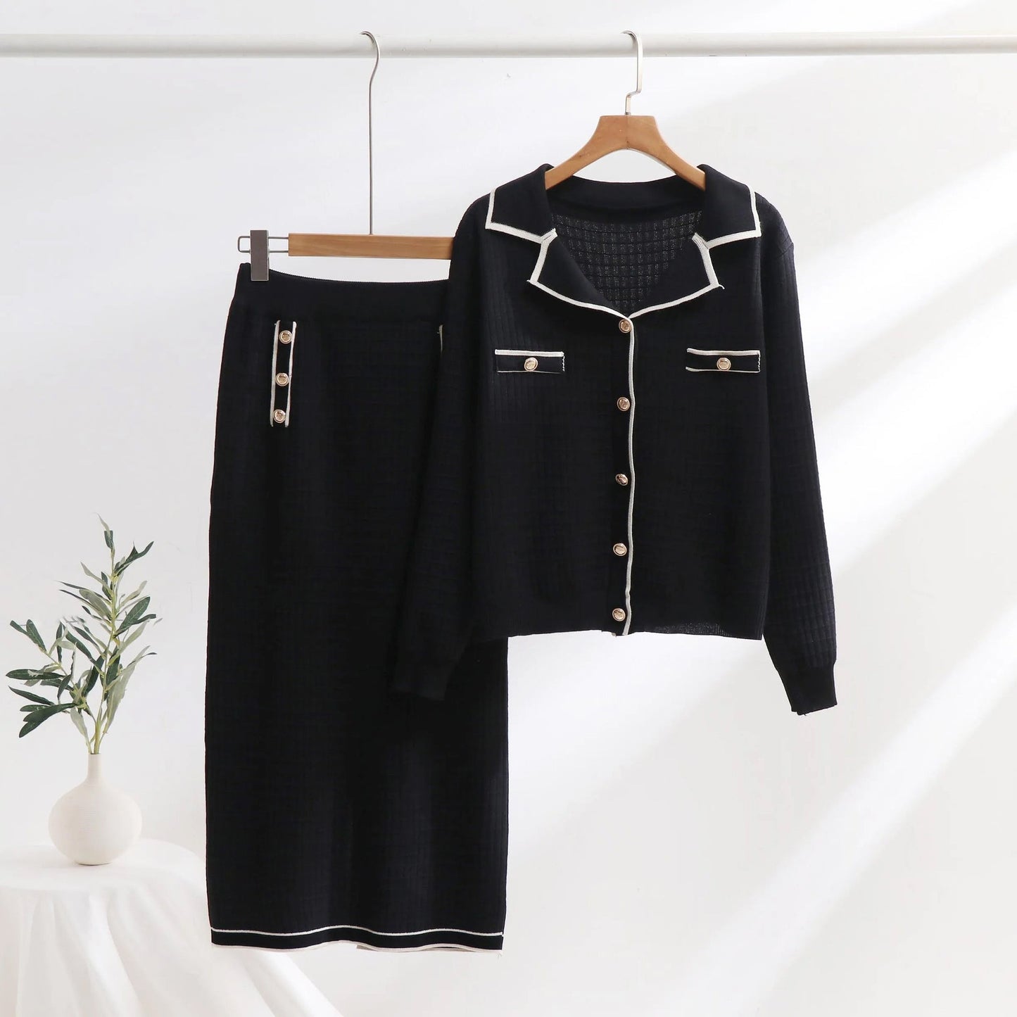 Ensemble Femme En Maille Deux Pièces Cardigan Col Polo Et Jupe Crayon Slim Motif Texturé