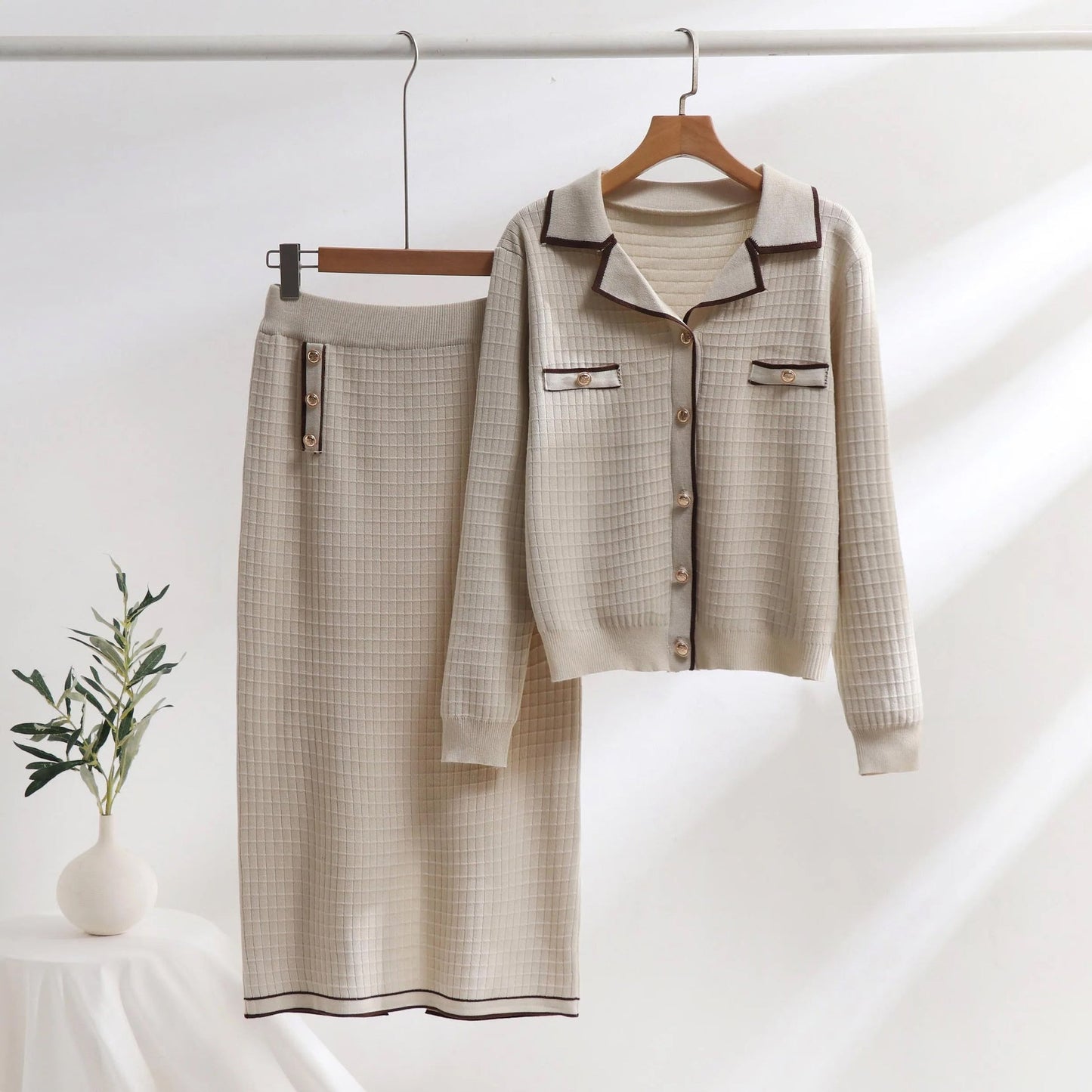 Ensemble Femme En Maille Deux Pièces Cardigan Col Polo Et Jupe Crayon Slim Motif Texturé