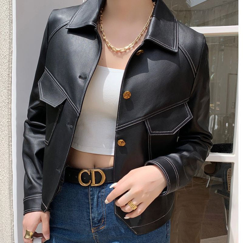 Veste En Cuir City Vogue Par Lucille Avec Silhouette Légèrement Croppée Et Oversize En Noir Classique Ou Kaki Raffiné