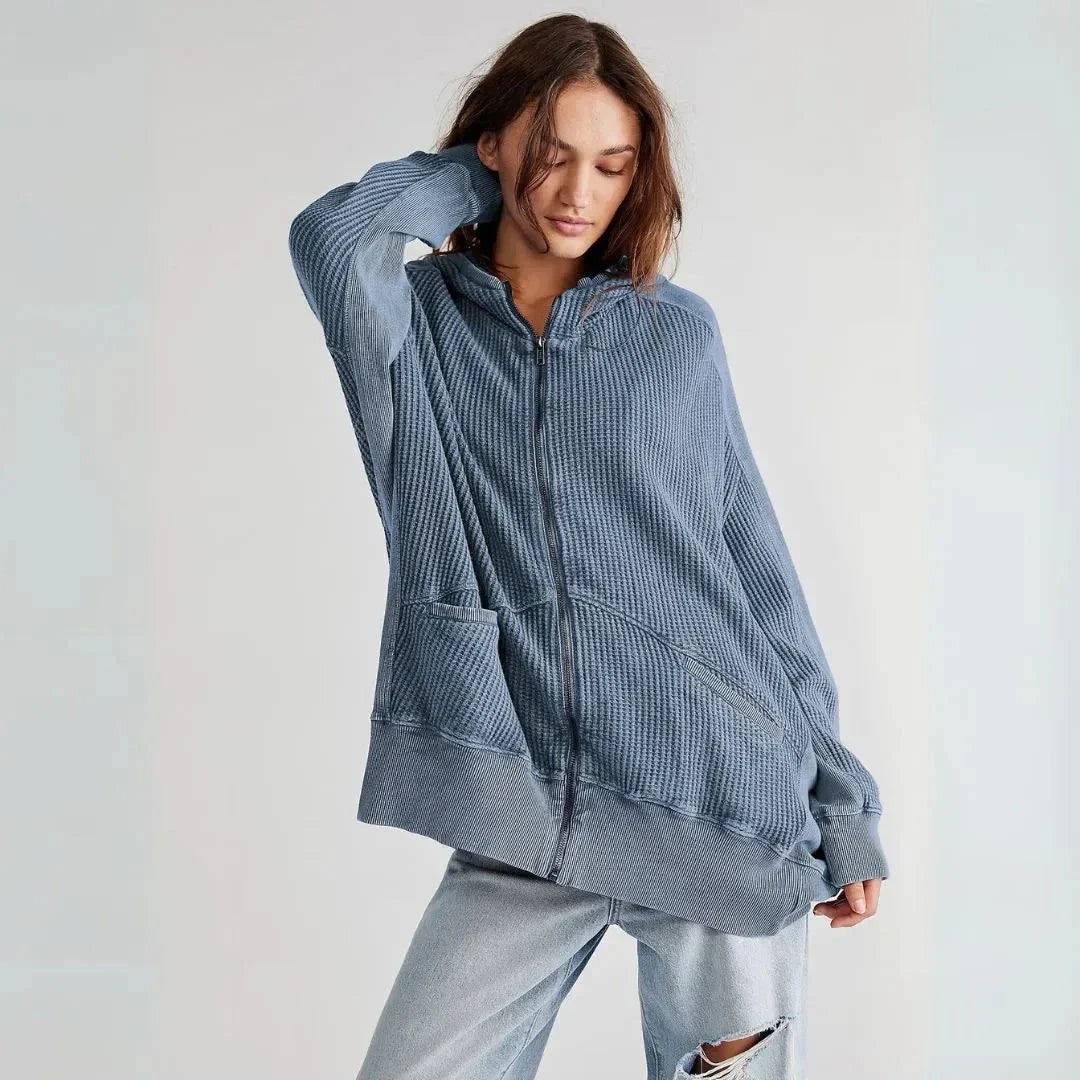 Clarrise Sweat à Capuche Oversize Zippé en Maille Gaufrée avec Poches Avant Spacieuses pour le Quotidien