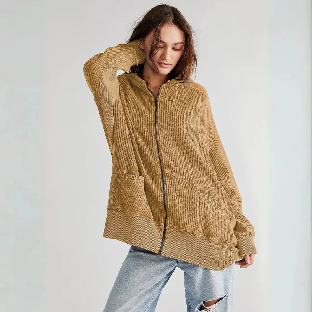 Clarrise Sweat à Capuche Oversize Zippé en Maille Gaufrée avec Poches Avant Spacieuses pour le Quotidien