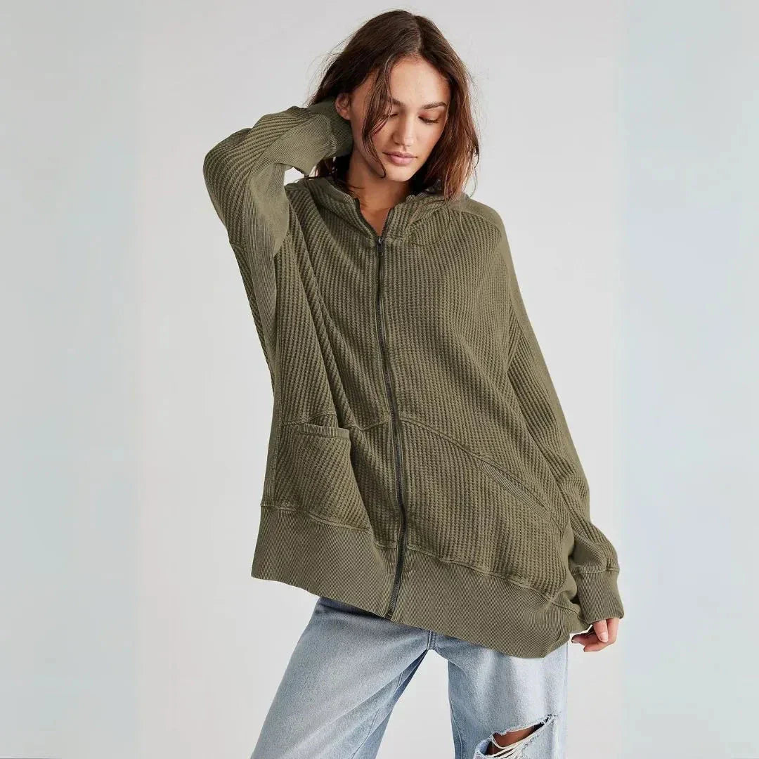 Clarrise Sweat à Capuche Oversize Zippé en Maille Gaufrée avec Poches Avant Spacieuses pour le Quotidien