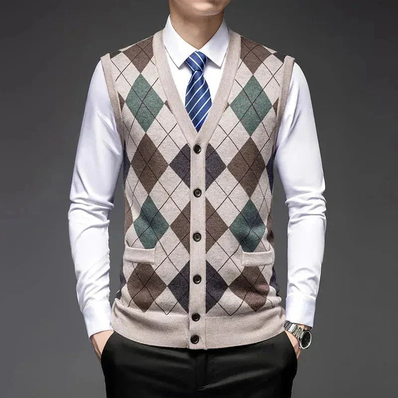 Veste En Laine À Motif Argyle Classique Avec Devant Boutonné Et Coupe Taillée Pour Bureau Et Fin De Semaine