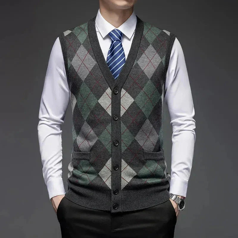 Veste En Laine À Motif Argyle Classique Avec Devant Boutonné Et Coupe Taillée Pour Bureau Et Fin De Semaine