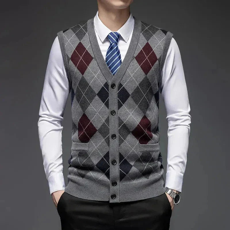 Veste En Laine À Motif Argyle Classique Avec Devant Boutonné Et Coupe Taillée Pour Bureau Et Fin De Semaine