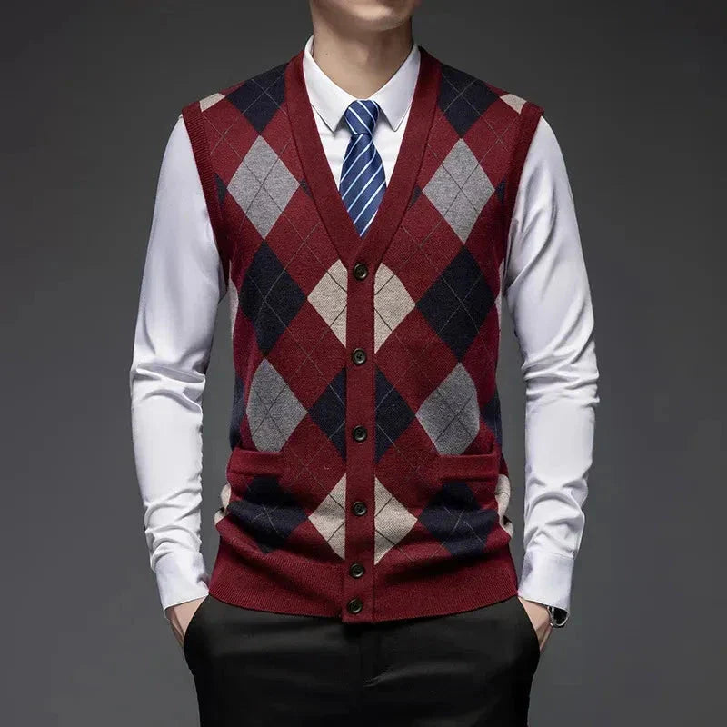 Veste En Laine À Motif Argyle Classique Avec Devant Boutonné Et Coupe Taillée Pour Bureau Et Fin De Semaine